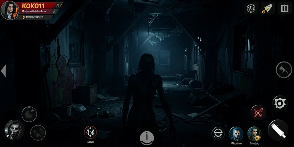 Screenshot gameplay KOKO11 menampilkan suasana menyeramkan dengan pencahayaan redup dan makhluk menyeramkan.