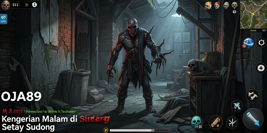 Gameplay OJA89 dengan suasana mencekam dan efek suara menakutkan.