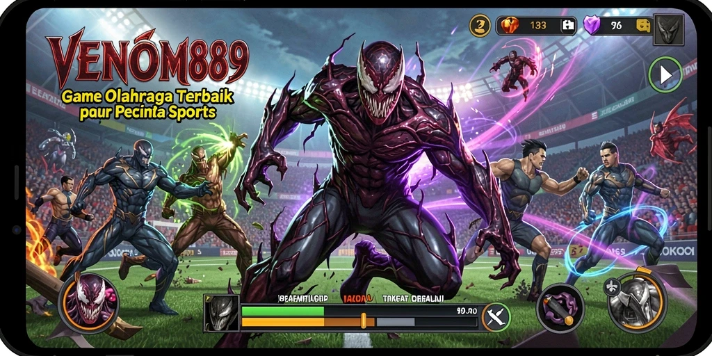 Screenshot utama VENOM889 menunjukkan aksi seru dalam pertandingan olahraga.